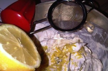 Now add the juice of one lemon... i used a mesh colander to juice my lemon directly above my mixture so it would collect all the seeds and debris... 